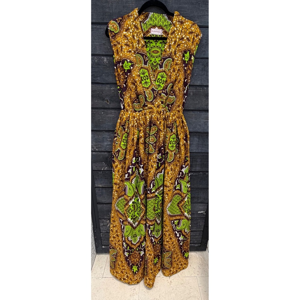 Grass-Fields XL African Print Ankara Maxi Dress Yellow Green Sleeveless Pockets